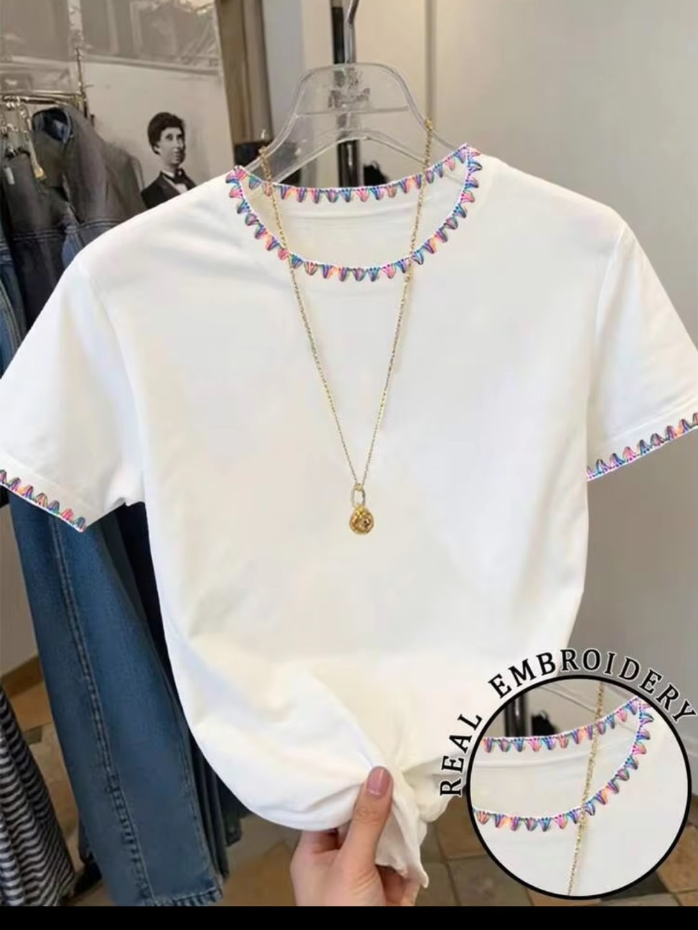 White Embroidered Trim Tee - Casual Short Sleeve Shirt